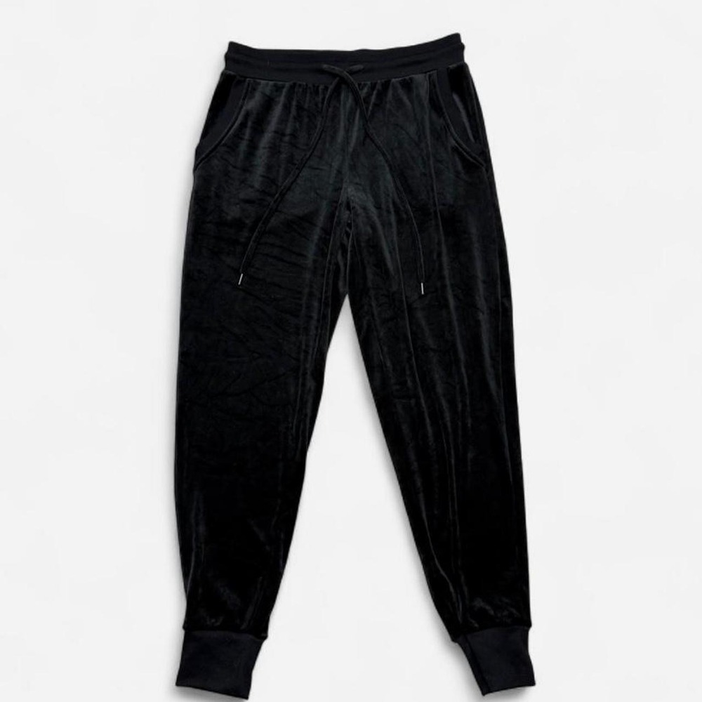 Felina Womens Black Velvet Joggers Drawstring Waist Pockets Loungewear Size M